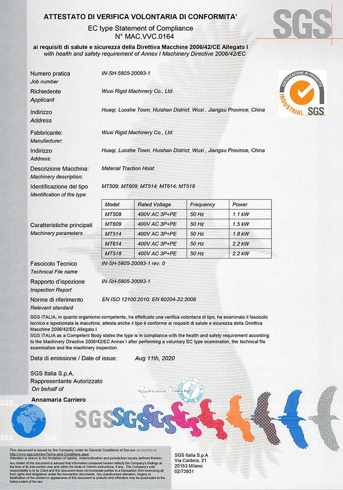 Сертификат CE материала лифта MT